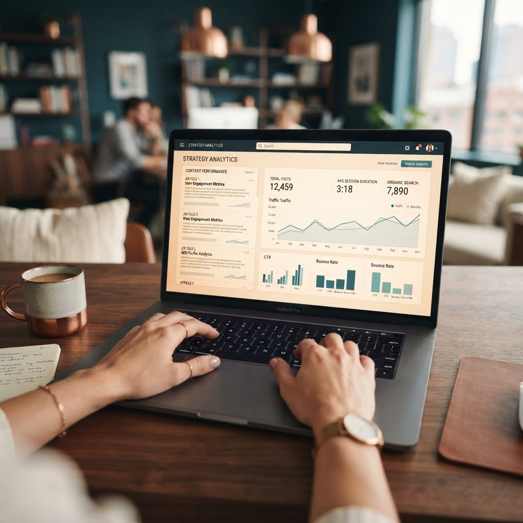 Laptop met zoekresultaten en analytics